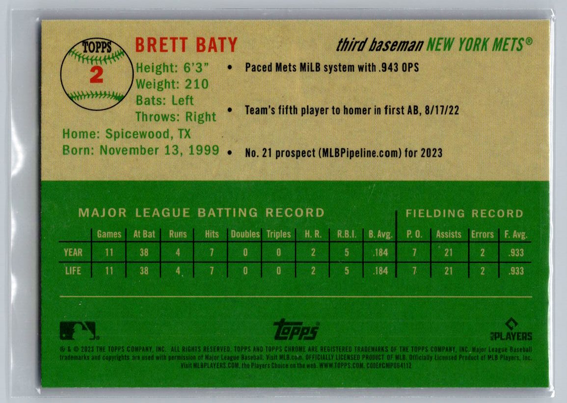 2023 Topps Chrome Platinum Anniversary #2 Brett Baty Blue Prism Refractor