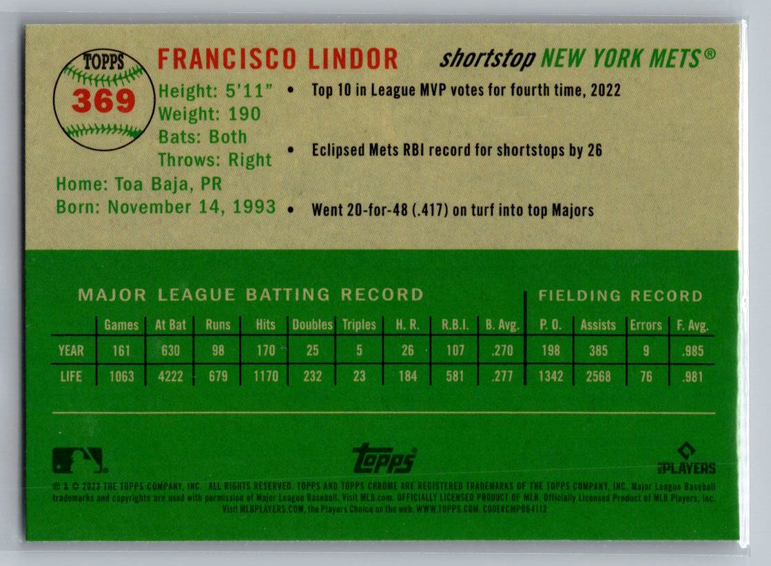 2023 Topps Chrome Platinum Anniversary #369 Francisco Lindor Prism Refractor