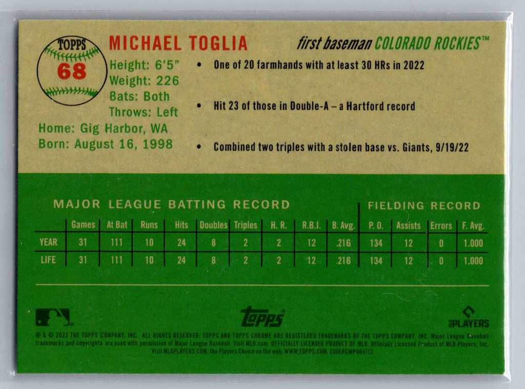 2023 Topps Chrome Platinum Anniversary #68 Michael Toglia Prizm Refractor
