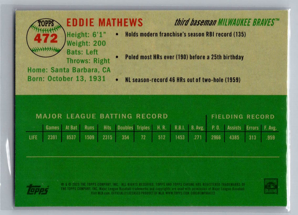 2023 Topps Chrome Platinum Anniversary #472 Eddie Mathews