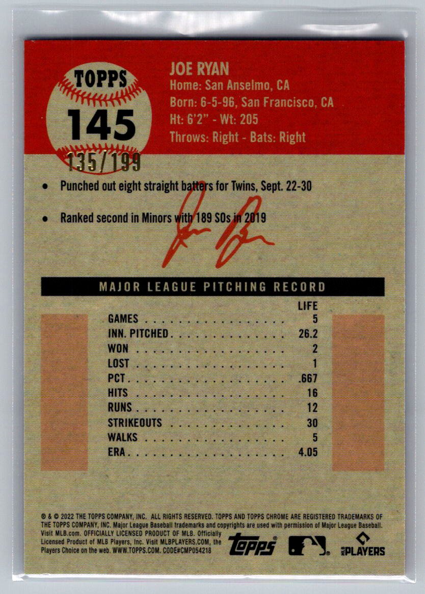 2022 Topps Chrome Platinum Anniversary #145 Joe Ryan Blue Mini-Diamond