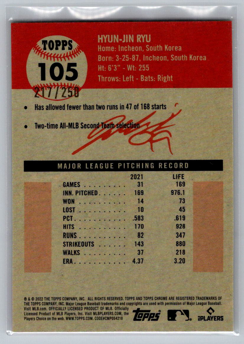 2022 Topps Chrome Platinum Anniversary #105 Hyun-Jin Ryu Yellow Raywave