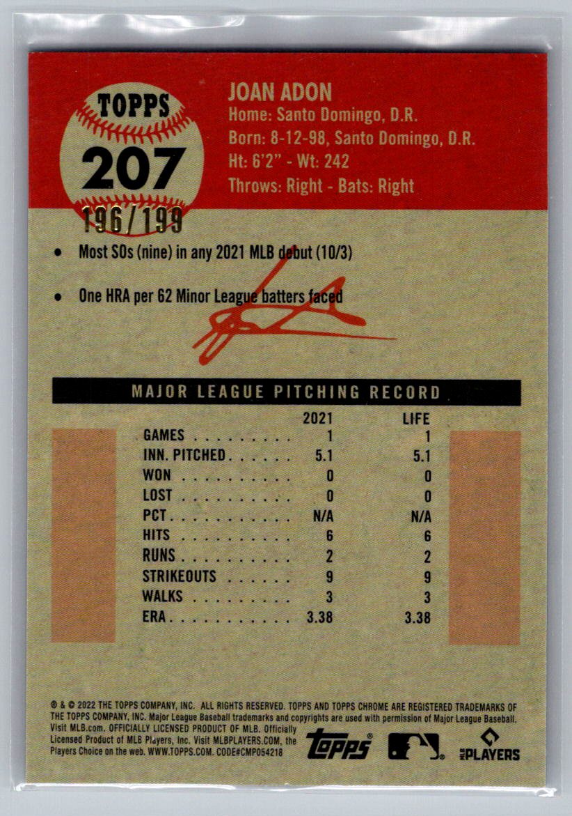 2022 Topps Chrome Platinum Anniversary #207 Joan Adon Blue Mini-Diamond