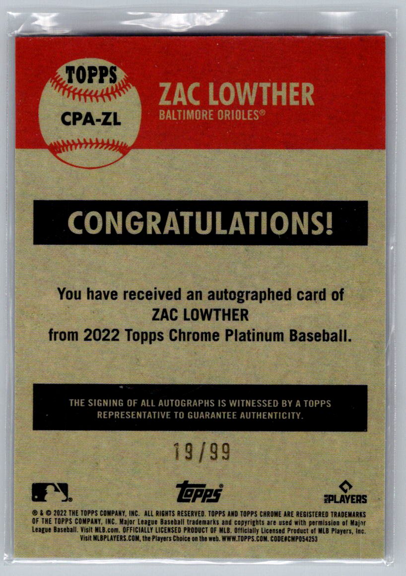 2022 Topps Chrome Platinum Anniversary #271 Zac Lowther Blue Toile Auto