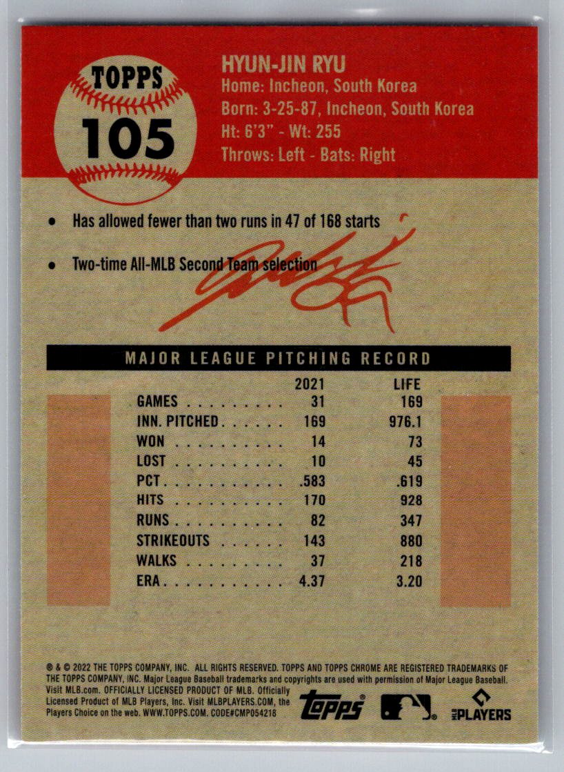 2022 Topps Chrome Platinum Anniversary #105 Hyun-Jin Ryu