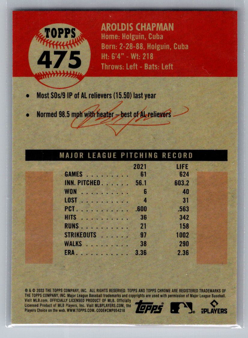 2022 Topps Chrome Platinum Anniversary #475 Aroldis Chapman