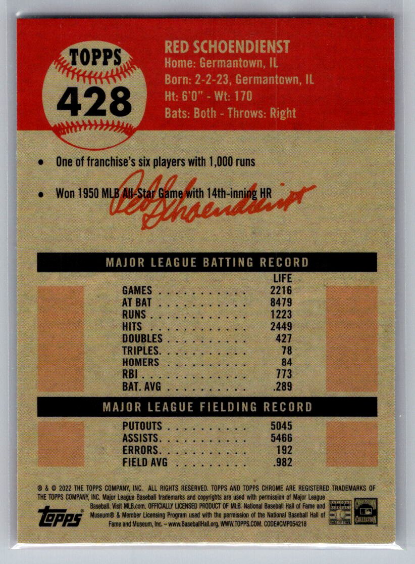 2022 Topps Chrome Platinum Anniversary #428 Red Schoendienst