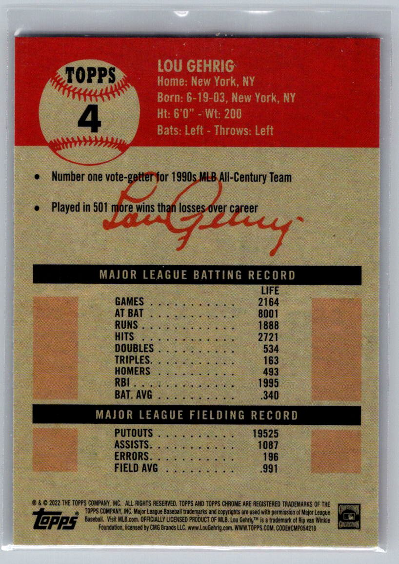 2022 Topps Chrome Platinum Anniversary #4 Lou Gehrig