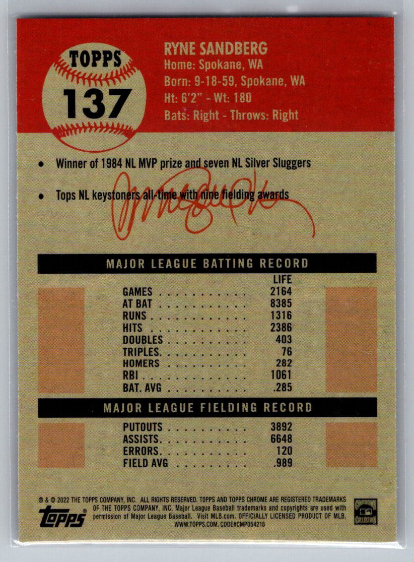 2022 Topps Chrome Platinum Anniversary #137 Ryne Sandberg