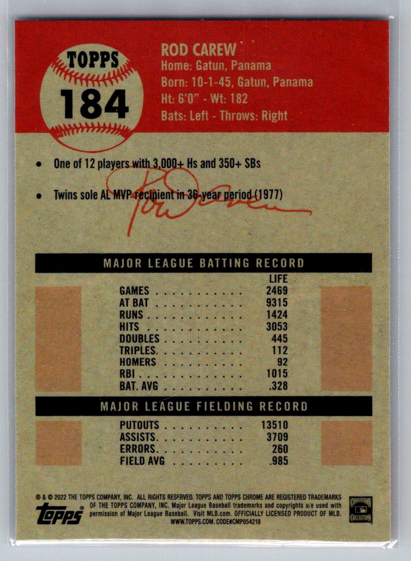2022 Topps Chrome Platinum Anniversary #184 Rod Carew