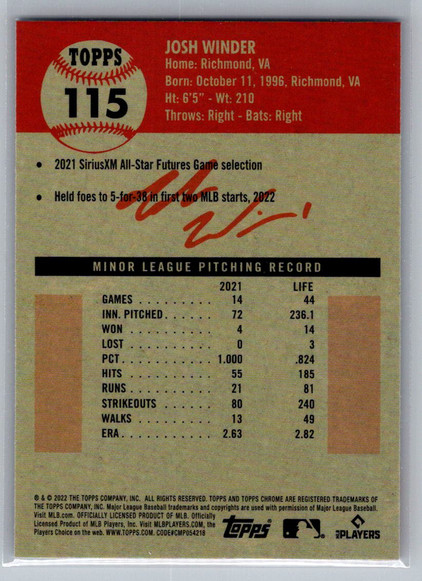 2022 Topps Chrome Platinum Anniversary #115 Josh Winder