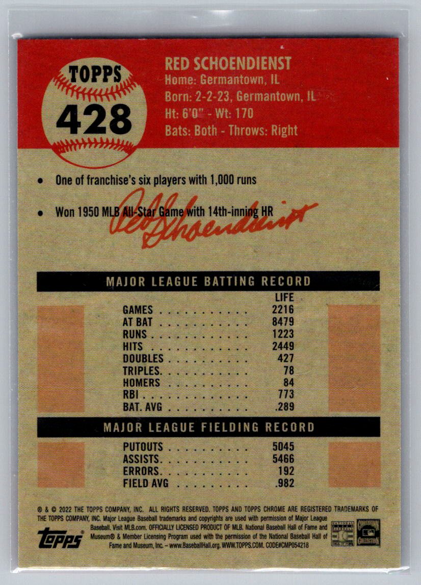 2022 Topps Chrome Platinum Anniversary #428 Red Schoendienst Blue Prism