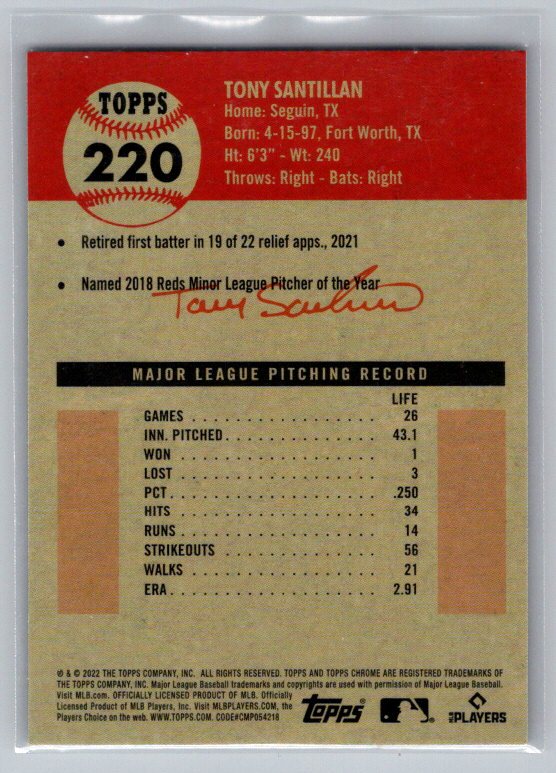 2022 Topps Chrome Platinum Anniversary #220 Tony Santillan Prism Refractor