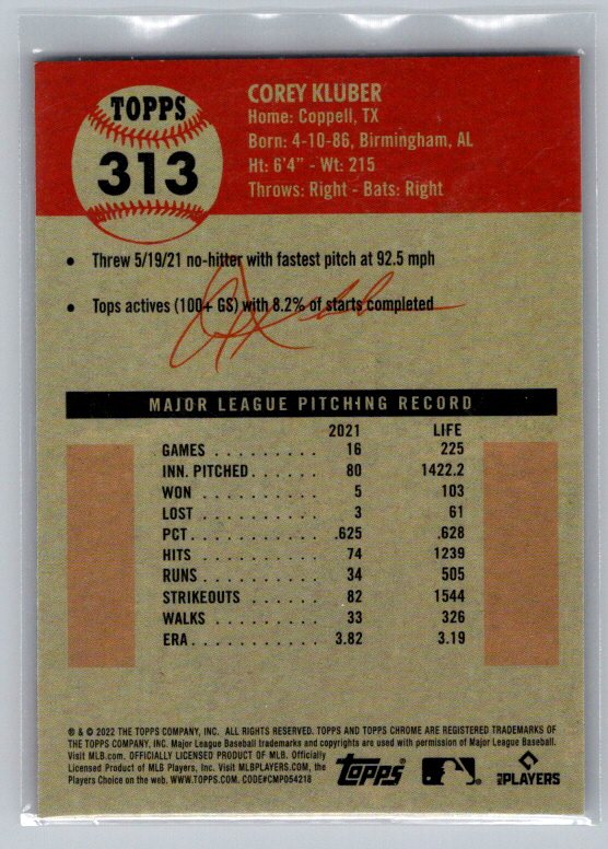 2022 Topps Chrome Platinum Anniversary #313 Corey Kluber Prism Refractor