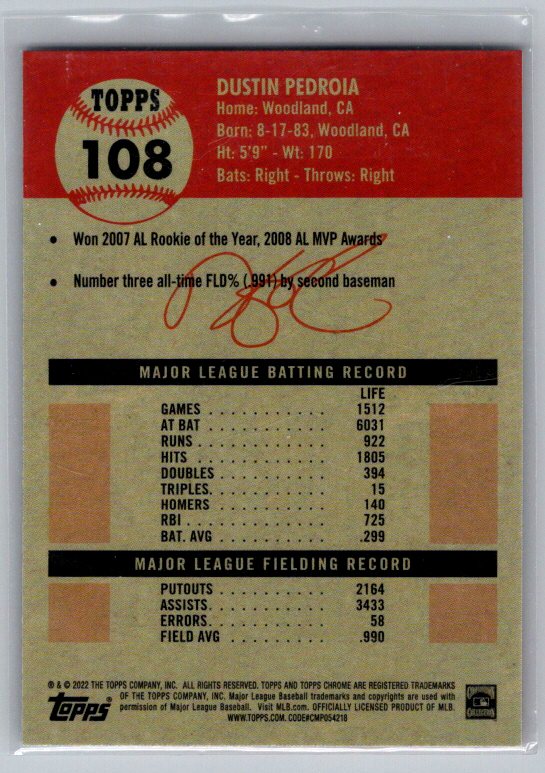 2022 Topps Chrome Platinum Anniversary #108 Dustin Pedroia Prism Refractor