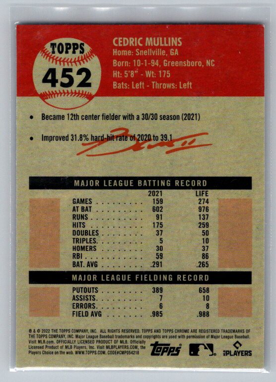 2022 Topps Chrome Platinum Anniversary #452 Cedric Mullins Prism Refractor