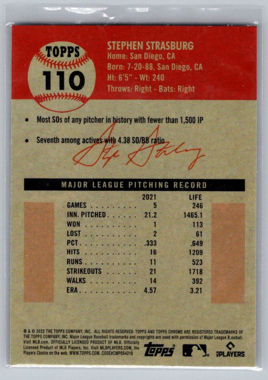 2022 Topps Chrome Platinum Anniversary #110 Stephen Strasburg Prism Refractor