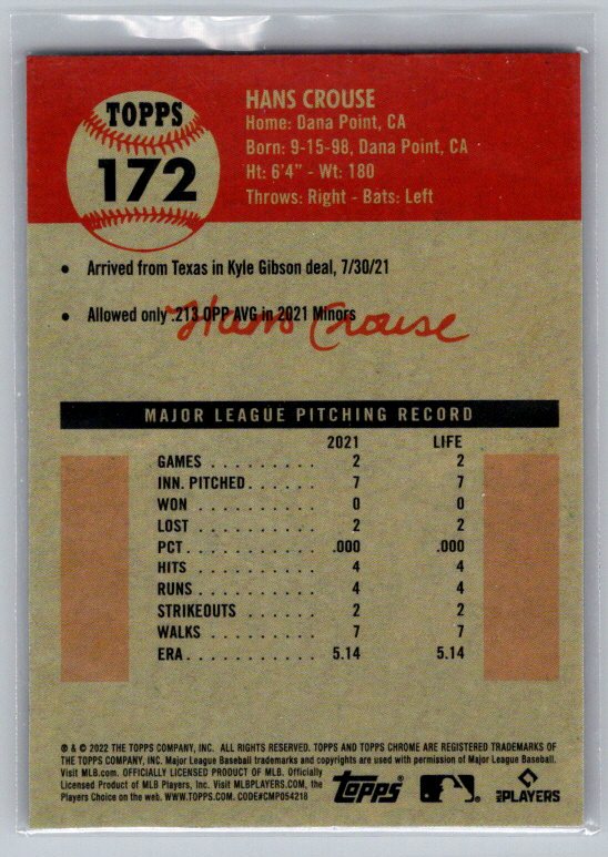 2022 Topps Chrome Platinum Anniversary #172 Hans Crouse Prism Refractor