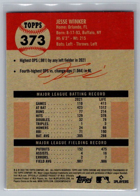 2022 Topps Chrome Platinum Anniversary #373 Jesse Winker Prism Refractor