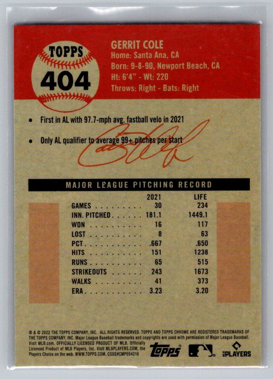 2022 Topps Chrome Platinum Anniversary #404 Gerrit Cole Prism Refractor