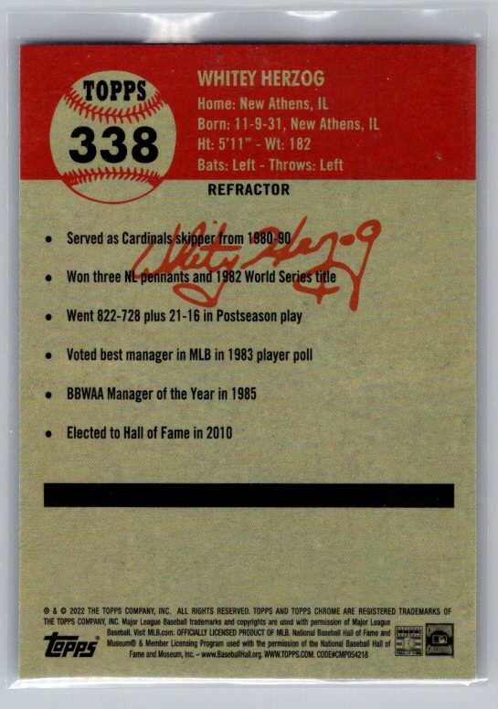 2022 Topps Chrome Platinum Anniversary #338 Whitey Herzog Refractor