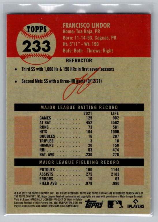 2022 Topps Chrome Platinum Anniversary #233 Francisco Lindor Refractor