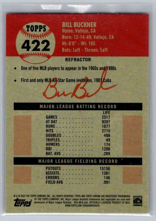 2022 Topps Chrome Platinum Anniversary #422 Bill Buckner Refractor