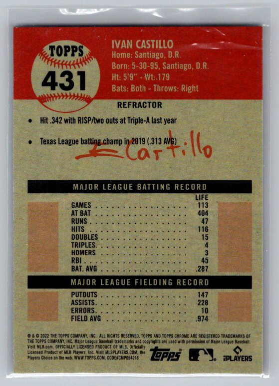 2022 Topps Chrome Platinum Anniversary #431 Ivan Castillo Refractor