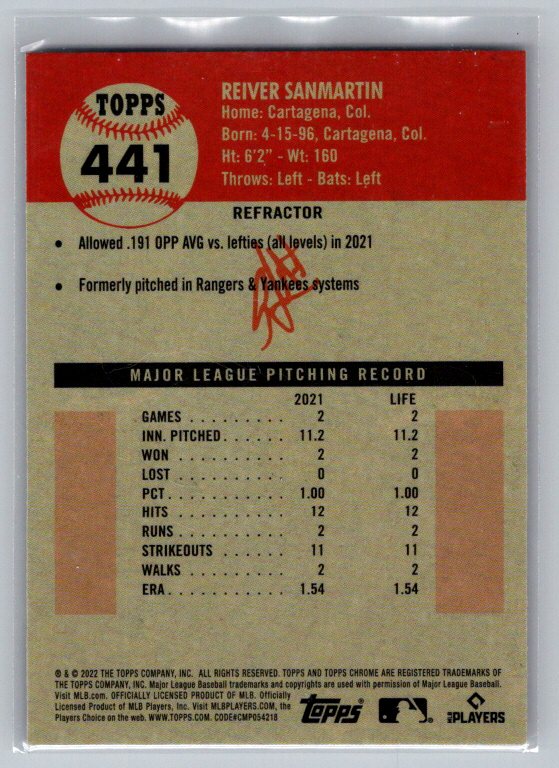2022 Topps Chrome Platinum Anniversary #441 Reiver Sanmartin Refractor