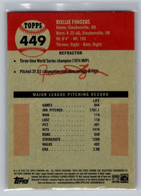 2022 Topps Chrome Platinum Anniversary #449 Rollie Fingers Refractor