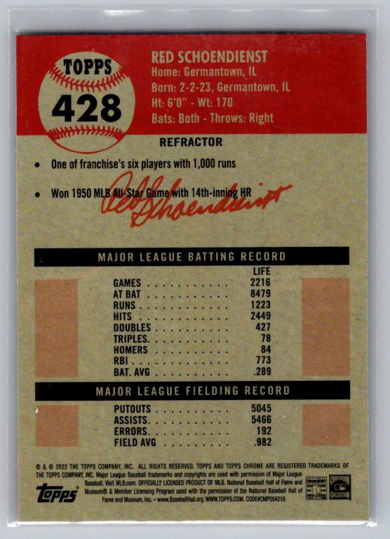 2022 Topps Chrome Platinum Anniversary #428 Red Schoendienst Refractor