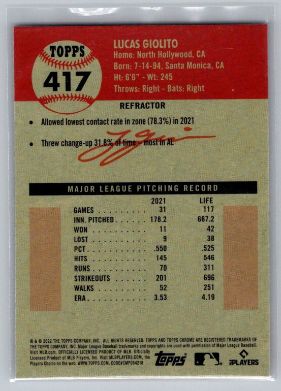 2022 Topps Chrome Platinum Anniversary #417 Lucas Giolito Refractor