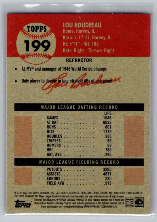 2022 Topps Chrome Platinum Anniversary #199 Lou Boudreau Refractor
