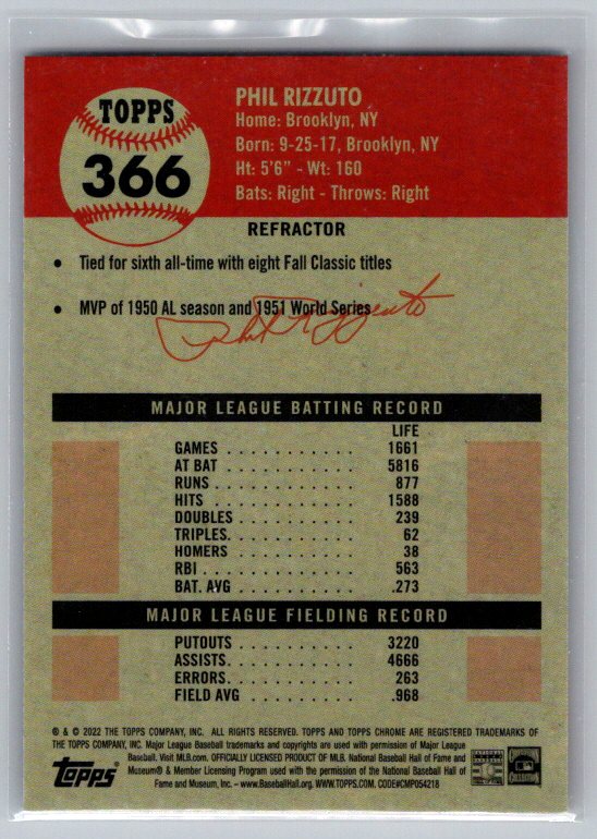 2022 Topps Chrome Platinum Anniversary #366 Phil Rizzuto Refractor