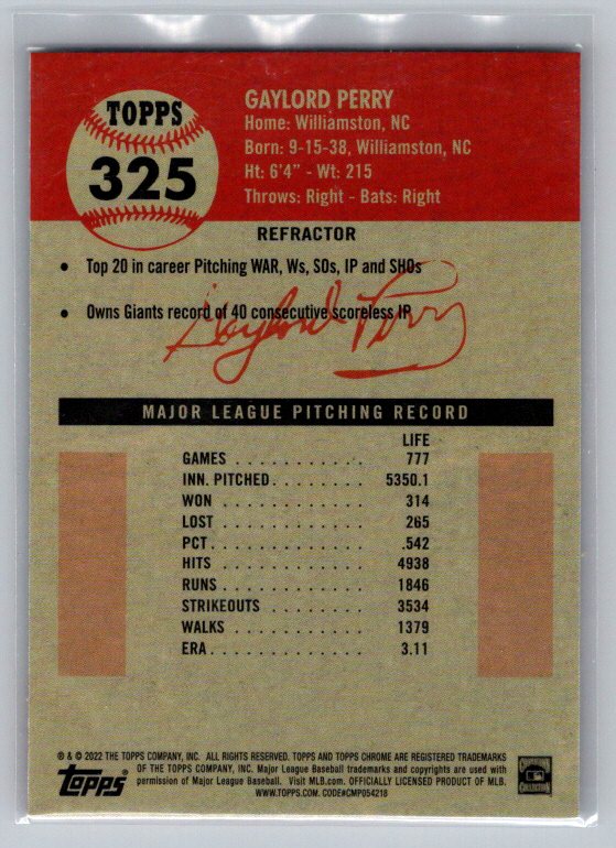 2022 Topps Chrome Platinum Anniversary #325 Gaylord Perry Refractor
